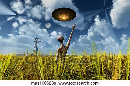 Stock Illustration - An alien being directing its spacecraft to make crop circles.. Fotosearch