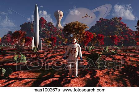 An alien being watches a human astronaut on an alien world. View Large Illustration Stock Illustration - An alien being watches a human astronaut on an alien world.. Fotosearch