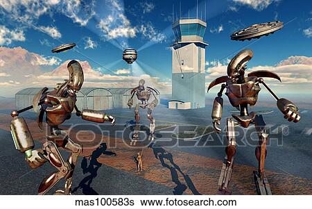 An alien being with giant robots at the Area 51 top secret base in Roswell. View Large Illustration Stock Illustration - An alien being with giant robots at the Area 51 top secret base in Roswell.. Fotosearch