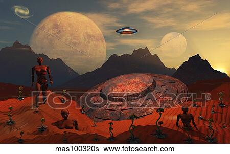 An alien flying saucer comes across the crash site of one of its sister ships. View Large Illustration Stock Illustration - An alien flying saucer comes across the crash site of one of its sister ships.. Fotosearch