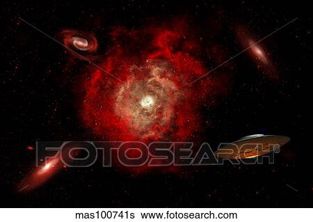 An alien flying saucer traveling through the vastness of outer space. View Large Illustration Stock Illustration - An alien flying saucer traveling through the vastness of outer space.. Fotosearch