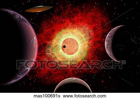 Stock Illustration - An alien flying saucer travels amongst alien worlds.. Fotosearch