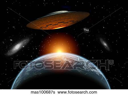 An alien flying saucer visiting the Earth. View Large Illustration Stock Illustration - An alien flying saucer visiting the Earth.. Fotosearch