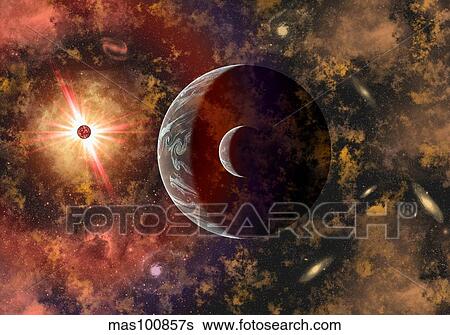 An alien planet and its moon in orbit around a red giant star. View Large Illustration Stock Illustration - An alien planet and its moon in orbit around a red giant star.. Fotosearch