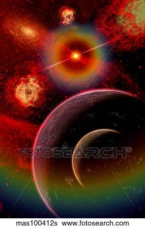 An alien planet and it's moon illuminated by the glow of nebula gas clouds. View Large Illustration Stock Illustration - An alien planet and it's moon illuminated by the glow of nebula gas clouds.. Fotosearch