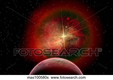 An alien planet and its nebulous Sun. View Large Illustration Stock Illustration - An alien planet and its nebulous Sun.. Fotosearch
