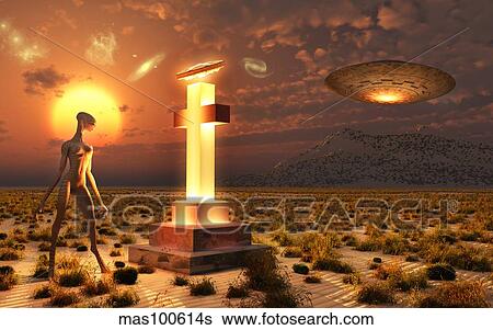 Stock Illustration - An alien returning to the famous crash site in Roswell, New Mexico.. Fotosearch