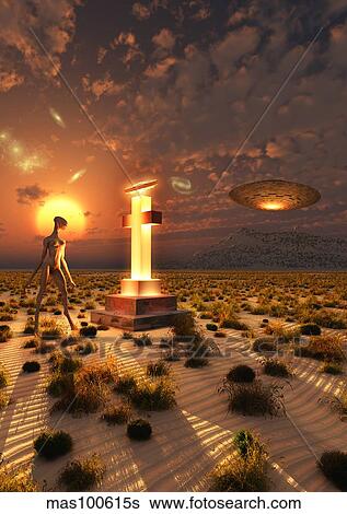 An alien returning to the famous crash site in Roswell, New Mexico. View Large Illustration Stock Illustration - An alien returning to the famous crash site in Roswell, New Mexico.. Fotosearch