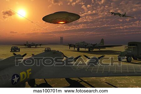 Stock Illustration - An alien UFO flying low over an American airbase.. Fotosearch