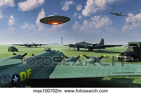 Stock Illustration - An alien UFO flying low over an American airbase.. Fotosearch