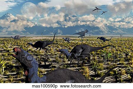 An Allosaurus attacking a herd of Camptosaurus dinosaurs. View Large Illustration Stock Illustration - An Allosaurus attacking a herd of Camptosaurus dinosaurs.. Fotosearch