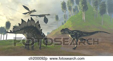 Stock Illustration - An Allosaurus attacks an unaware Stegosaurus dinosaur.. Fotosearch