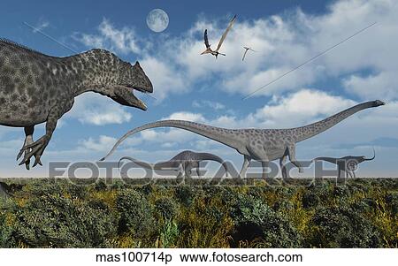 Stock Illustration - An Allosaurus dinosaur stalking a herd of Diplodocus dinosaurs.. Fotosearch