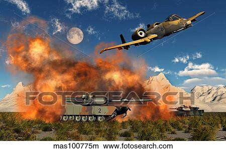 An American A-10 Thunderbolt using abandoned tanks as target practice. View Large Illustration Stock Illustration - An American A-10 Thunderbolt using abandoned tanks as target practice.. Fotosearch