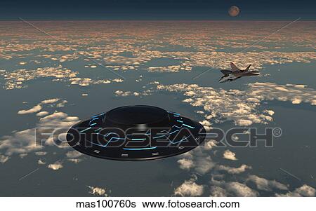 Stock Illustration - An American F-22 Raptor chasing a larger UFO in American airspace.. Fotosearch