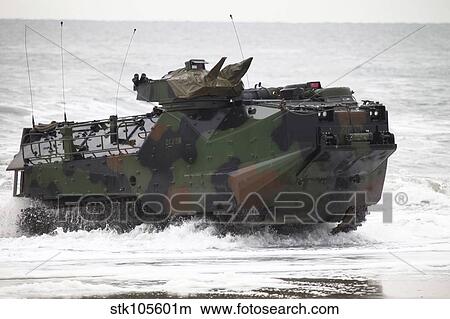 An amphibious assault vehicle drives toward Onslow Beach. View Large Photo Image Picture - An amphibious assault vehicle drives toward Onslow Beach.. Fotosearch