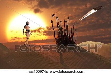 An android harvesting a rare plant on a desert alien world. View Large Illustration Stock Illustration - An android harvesting a rare plant on a desert alien world.. Fotosearch