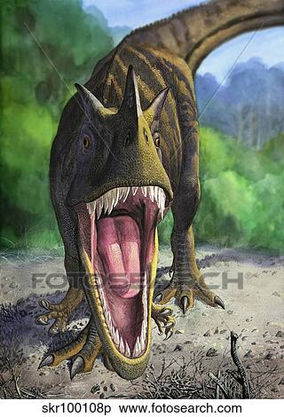 An angry Ceratosaurus dentisulcatus dinosaur shows its fierce teeth. View Large Illustration Stock Illustration - An angry Ceratosaurus dentisulcatus dinosaur shows its fierce teeth.. Fotosearch