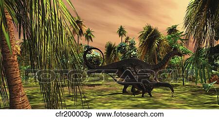 Stock Illustration - An Apatosaurus mother escorts her hatchling baby.. Fotosearch