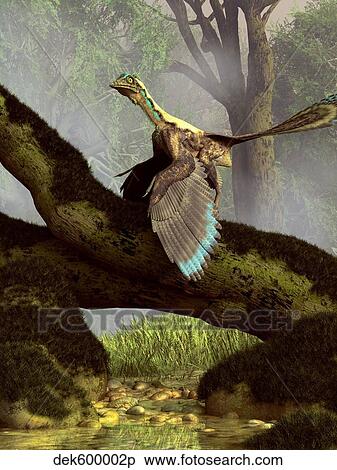 An Archaeopteryx on a log above a stream. View Large Illustration Stock Illustration - An Archaeopteryx on a log above a stream.. Fotosearch