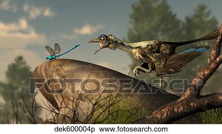 Stock Illustration - An Archaeopteryx stalks a dragonfly on a rock.. Fotosearch