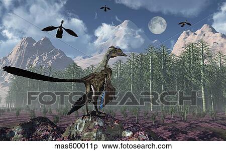 An Archaeopteryx standing at the edge of a forest. View Large Illustration Stock Illustration - An Archaeopteryx standing at the edge of a forest.. Fotosearch