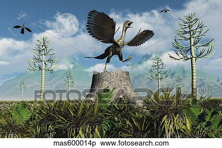 An Archaeopteryx takes flight from atop a tree stump. View Large Illustration Stock Illustration - An Archaeopteryx takes flight from atop a tree stump.. Fotosearch