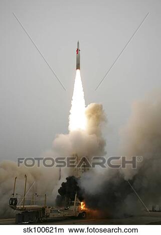 Picture - An Arrow anti-ballistic missile interceptor is launched from its mobile platform. Fotosearch