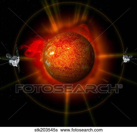 Stock Illustration - An artist's concept of the STEREO spacecraft surrounding the sun.. Fotosearch