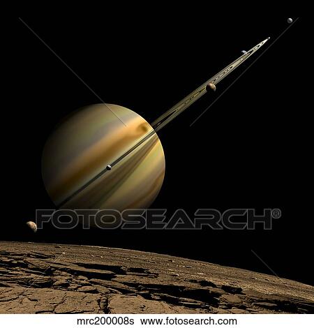 An artist's depiction of a ringed gas giant planet with six moons. View Large Illustration Stock Illustration - An artist's depiction of a ringed gas giant planet with six moons.. Fotosearch