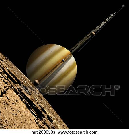An artist's depiction of a ringed gas giant planet with six moons. View Large Illustration Stock Illustration - An artist's depiction of a ringed gas giant planet with six moons.. Fotosearch