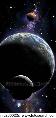 An artist's depiction of an Earth type world with two orbiting moons. View Large Illustration Stock Illustration - An artist's depiction of an Earth type world with two orbiting moons.. Fotosearch