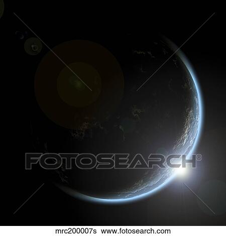 Stock Illustration - An artist's depiction of sunrise over a planet viewed from space.. Fotosearch