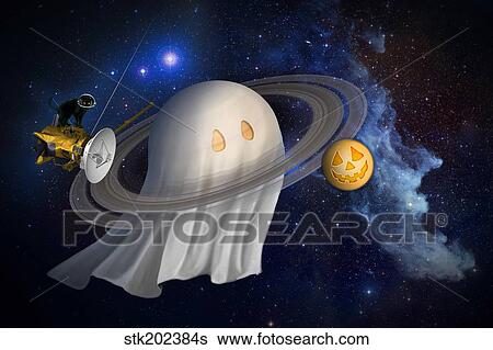 Stock Illustration - An artist's Halloween illustration of Cassini and Saturn.. Fotosearch
