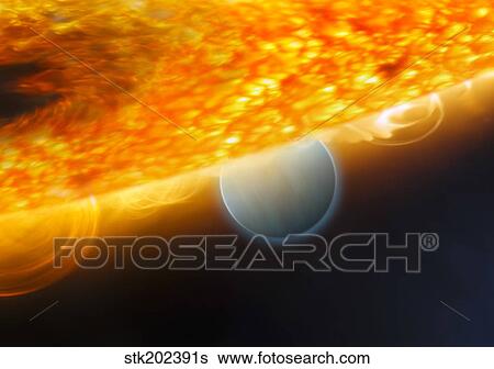 Stock Illustration - An artist's impression of a Jupiter-size extrasolar planet being eclipsed by its parent star.. Fotosearch