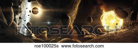 An asteroid field next to an Earth-like planet in a dual-star system. View Large Illustration Stock Illustration - An asteroid field next to an Earth-like planet in a dual-star system.. Fotosearch