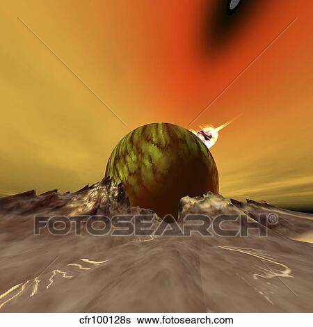 An asteroid hits a moon near to this planet out in the cosmos. View Large Illustration Stock Illustration - An asteroid hits a moon near to this planet out in the cosmos.. Fotosearch