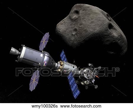 Stock Illustration - An Asteroid Lander is docked to a Deep Space Vehicle.. Fotosearch