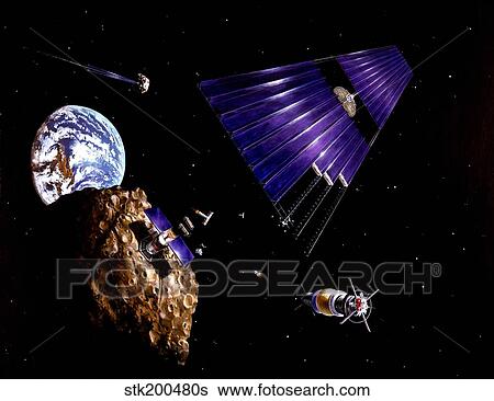An asteroid mining mission to an Earth-approaching asteroid. View Large Illustration Stock Illustration - An asteroid mining mission to an Earth-approaching asteroid.. Fotosearch