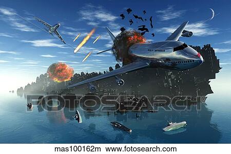 Stock Illustration - An asteroid rips apart the Earth's crust causing mass destruction.. Fotosearch