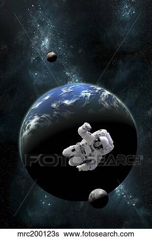 An astronaut floating in front of a water covered world with two moons. View Large Photo Image Stock Photograph - An astronaut floating in front of a water covered world with two moons.. Fotosearch