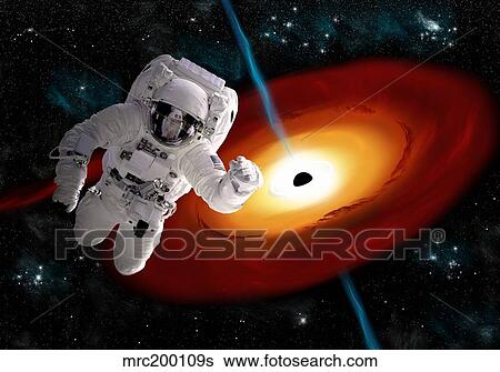 Stock Illustration - An astronaut floating in outer space as he is pulled towards a massive black hole.. Fotosearch