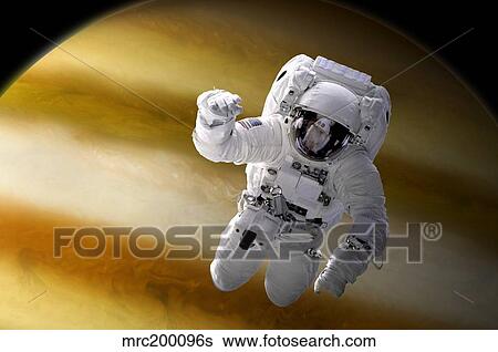 Stock Illustration - An astronaut floating in space above a large alien planet.. Fotosearch