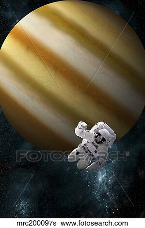 An astronaut floating in space in front of a Jupiter-like planet. View Large Illustration Stock Illustration - An astronaut floating in space in front of a Jupiter-like planet.. Fotosearch