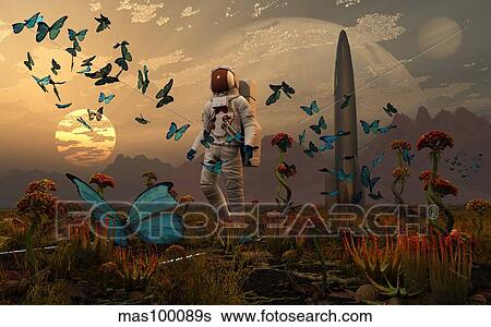 An astronaut is greeted by a swarm of butterflies on an alien world. View Large Illustration Stock Illustration - An astronaut is greeted by a swarm of butterflies on an alien world.. Fotosearch