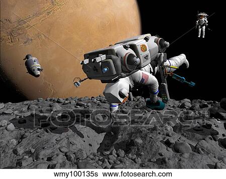 An astronaut makes first human contact with Mars' moon Phobos. View Large Illustration Stock Illustration - An astronaut makes first human contact with Mars' moon Phobos.. Fotosearch