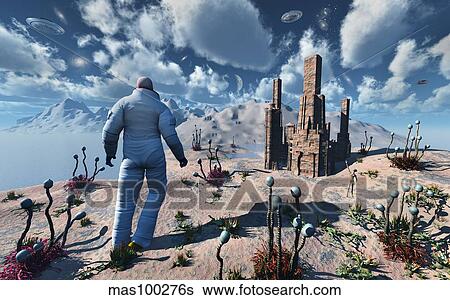 An astronaut making contact with an alien being on an extraterrestrial planet. View Large Illustration Stock Illustration - An astronaut making contact with an alien being on an extraterrestrial planet.. Fotosearch