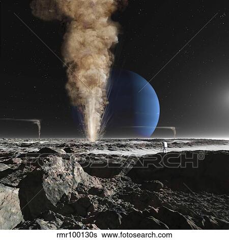 Stock Illustration - An astronaut observes the eruption of one of Triton's giant cryogeysers.. Fotosearch