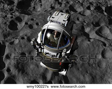 Stock Illustration - An astronaut piloting a Manned Maneuvering Vehicle above the surface of an asteroid.. Fotosearch