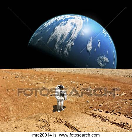 An astronaut standing on a barren world with planet rising in background. View Large Photo Image Stock Photograph - An astronaut standing on a barren world with planet rising in background.. Fotosearch